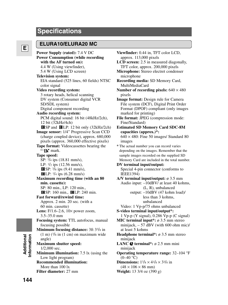 Specifications, 144 e, Elura10/elura20 mc | Canon elura20 User Manual | Page 144 / 152