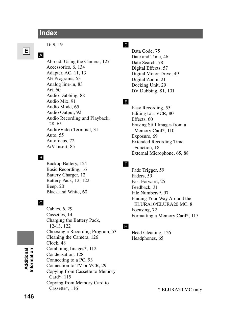 Index | Canon elura20 User Manual | Page 146 / 152