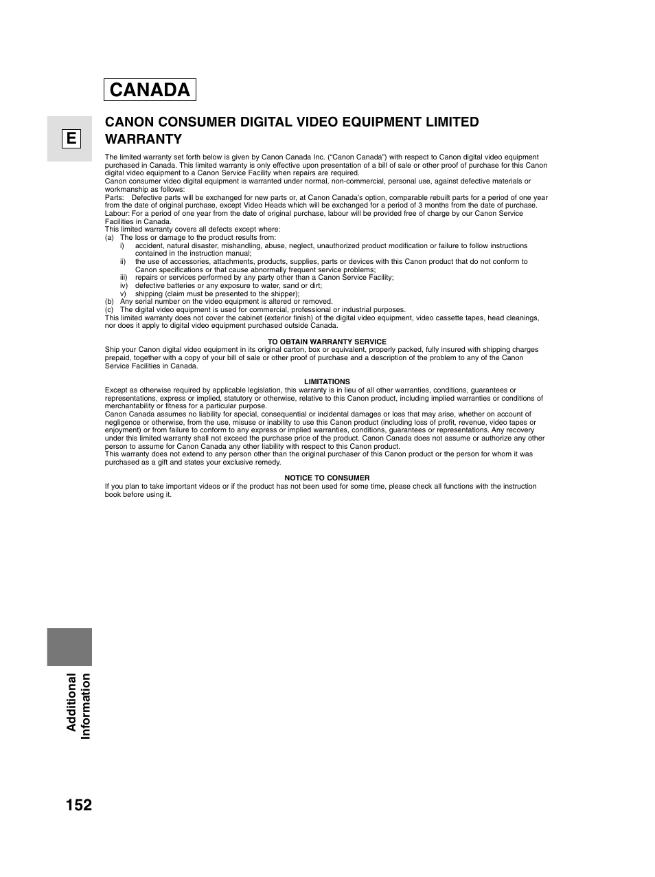 Canada, 152 e, Additional information | Canon elura20 User Manual | Page 152 / 152