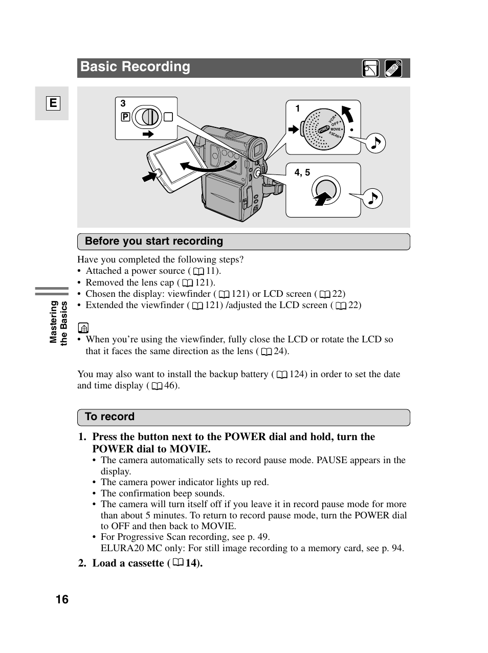 Basic recording, 16 e | Canon elura20 User Manual | Page 16 / 152