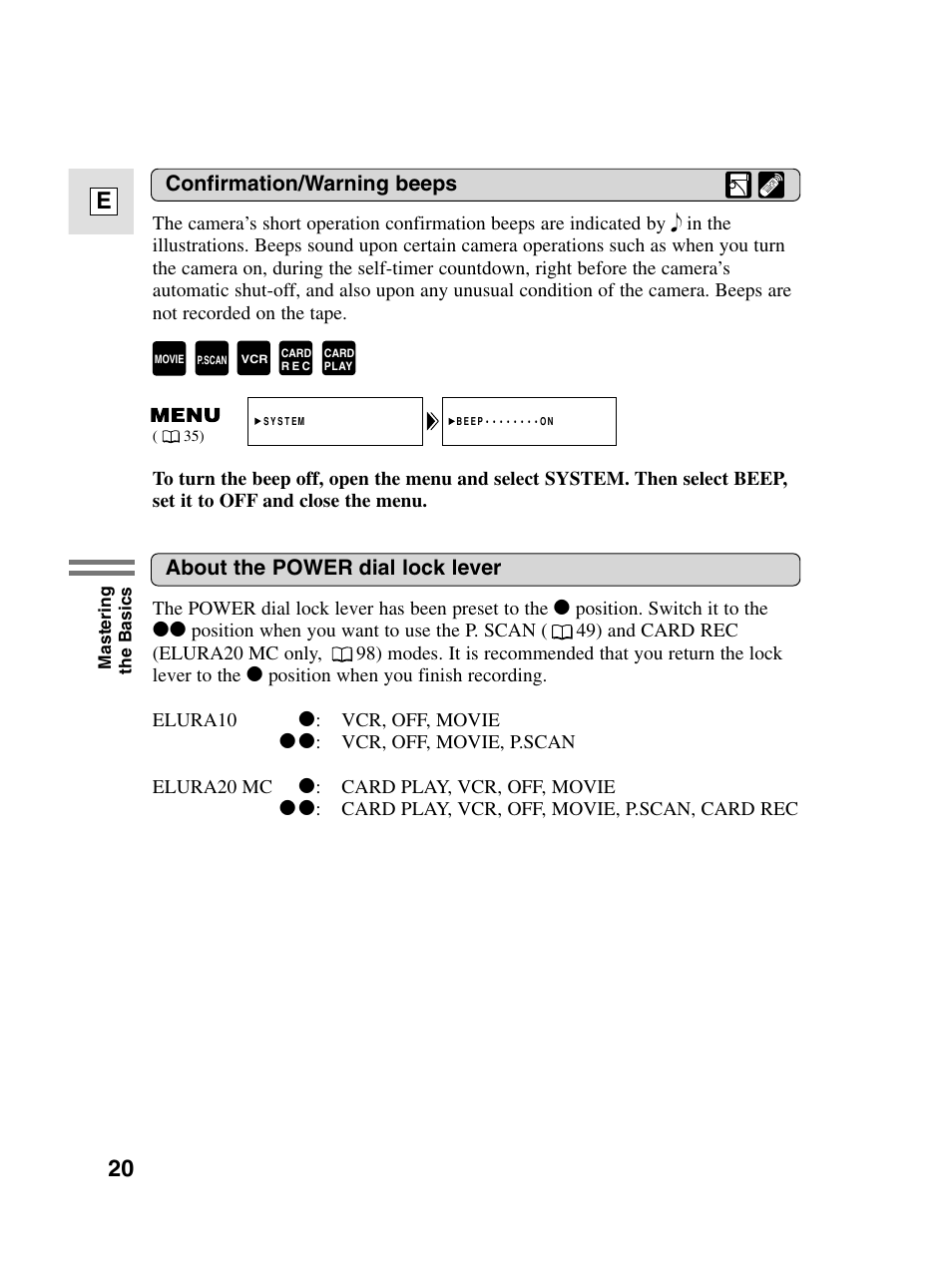 20 e, Confirmation/warning beeps, About the power dial lock lever | Canon elura20 User Manual | Page 20 / 152