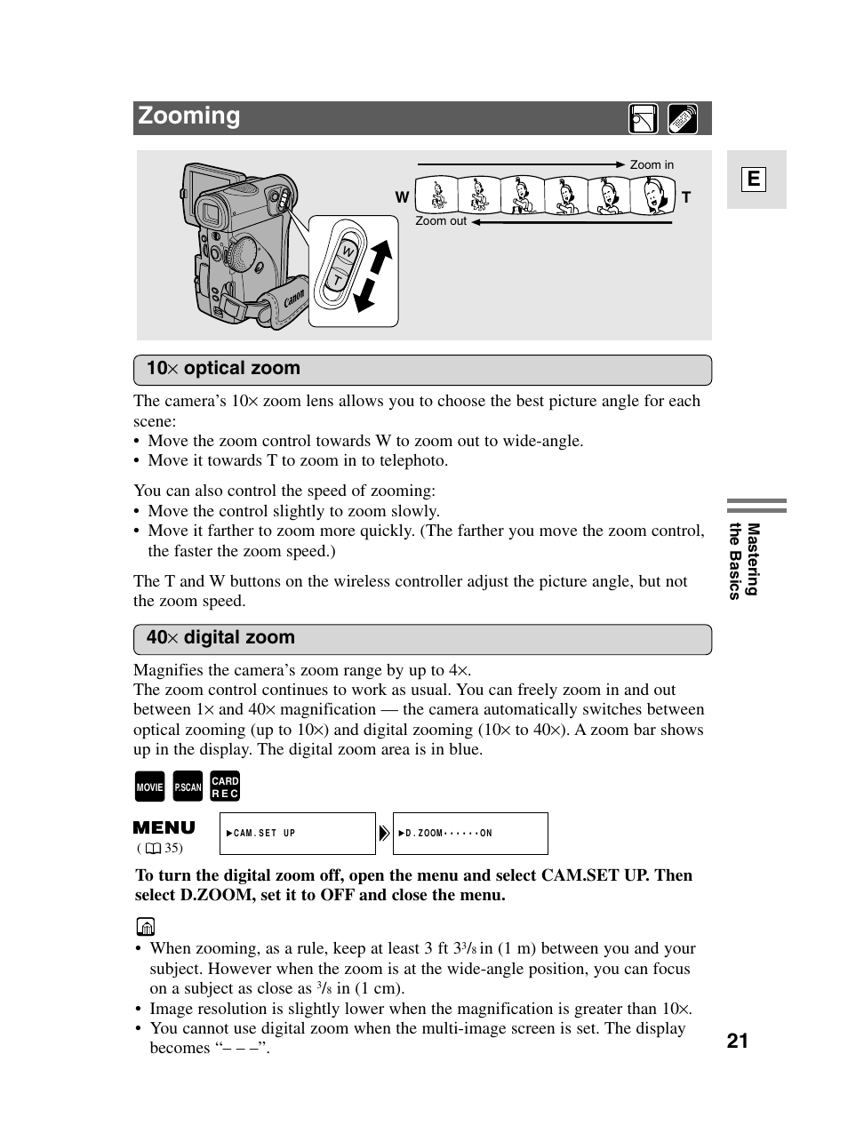 Zooming, 21 e, 40 × digital zoom | 10 × optical zoom | Canon elura20 User Manual | Page 21 / 152