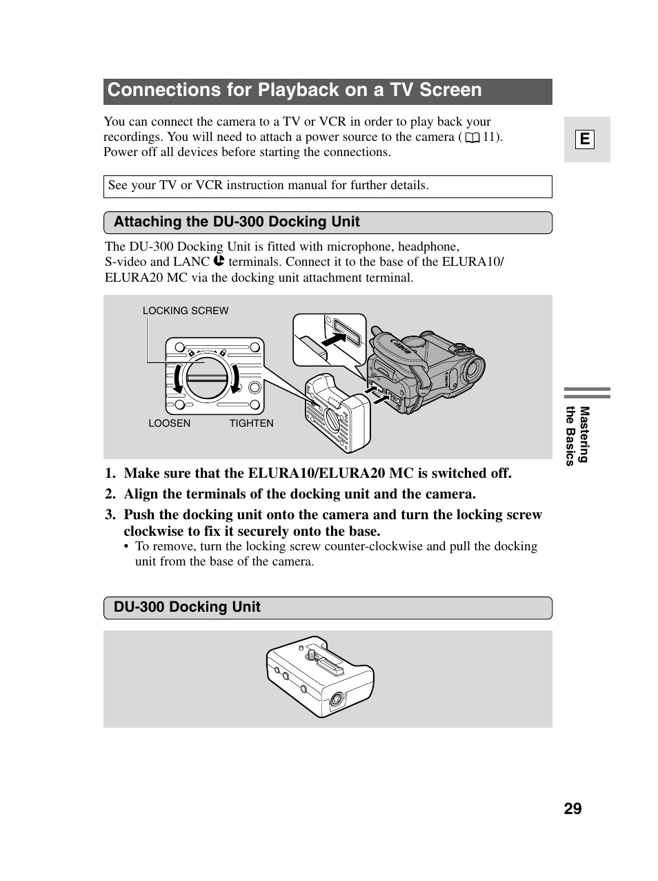 Connections for playback on a tv screen, 29 e | Canon elura20 User Manual | Page 29 / 152