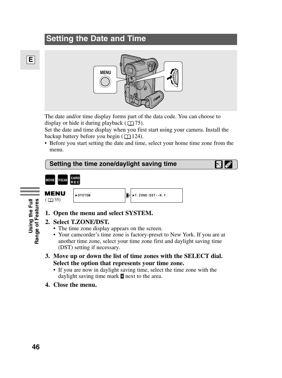 Setting the date and time, 46 e | Canon elura20 User Manual | Page 46 / 152