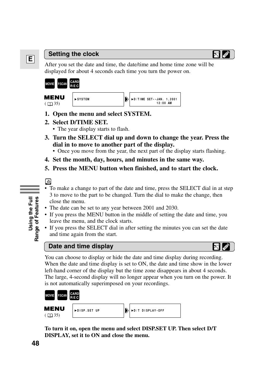 48 e, Setting the clock, Date and time display | Canon elura20 User Manual | Page 48 / 152