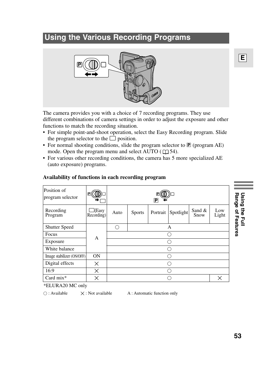 Using the various recording programs, 53 e | Canon elura20 User Manual | Page 53 / 152