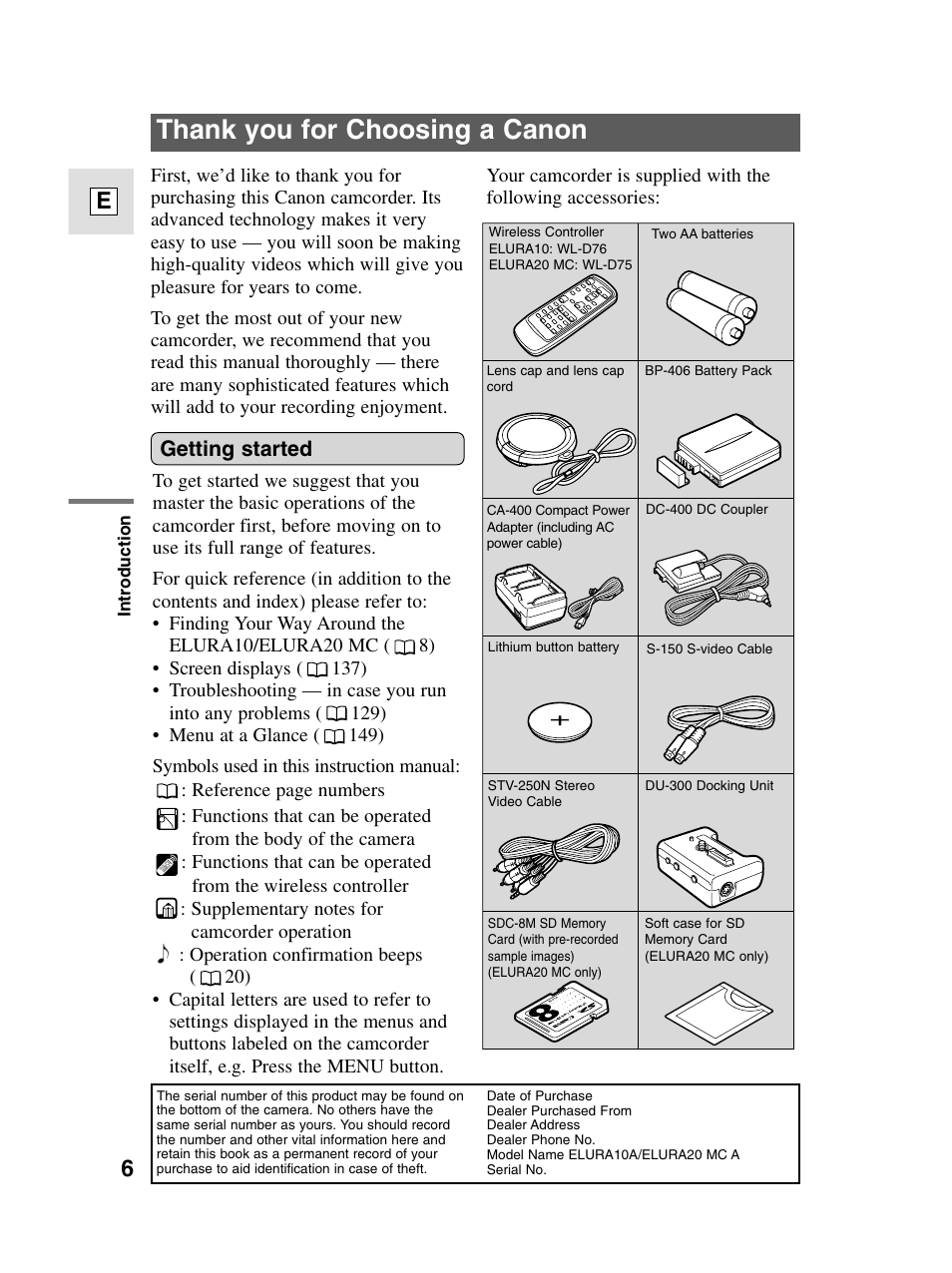 Getting started | Canon elura20 User Manual | Page 6 / 152
