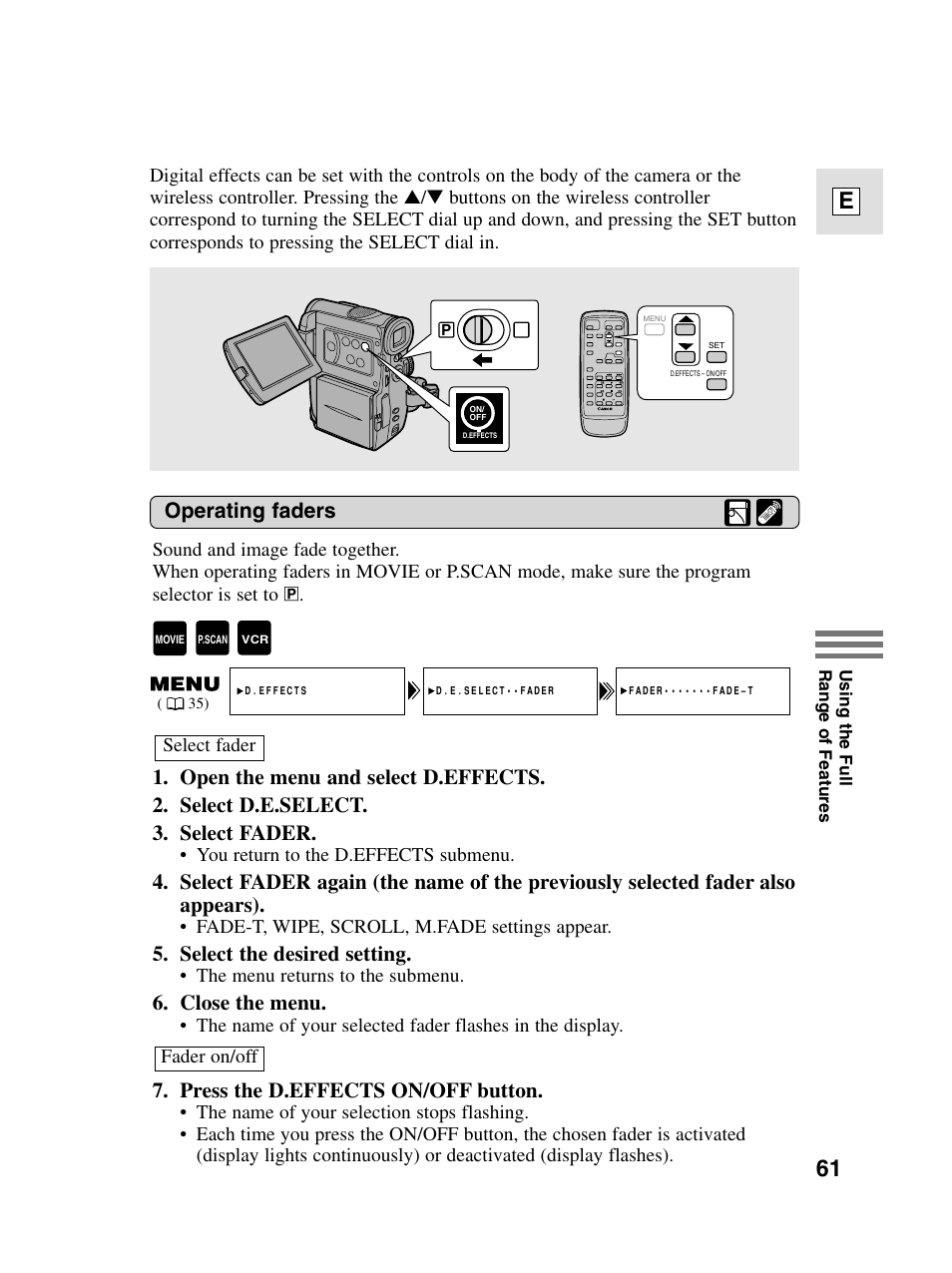 61 e, Operating faders, Select the desired setting | Close the menu, Press the d.effects on/off button | Canon elura20 User Manual | Page 61 / 152