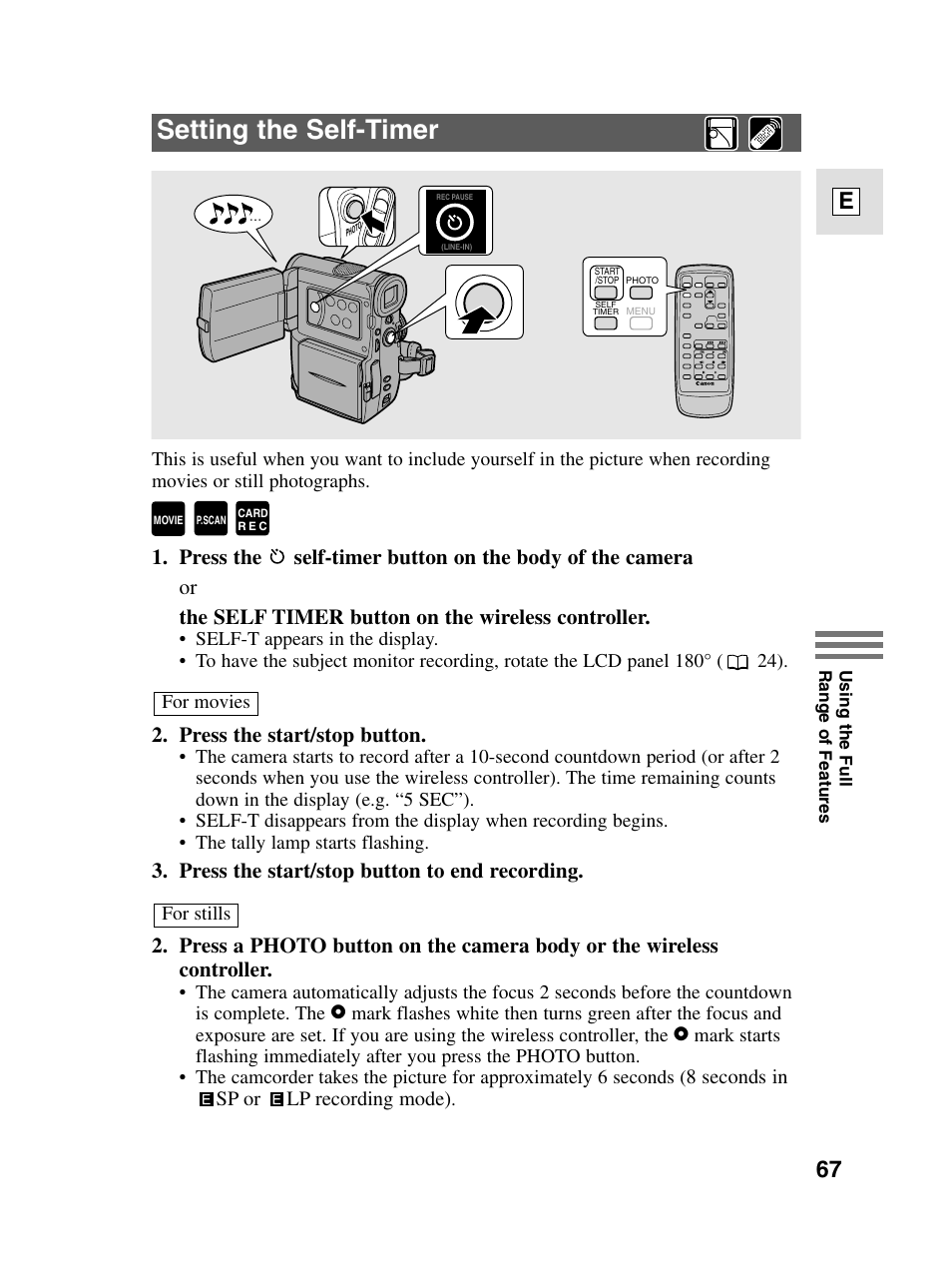 Setting the self-timer, 67 e, Press the start/stop button | Canon elura20 User Manual | Page 67 / 152