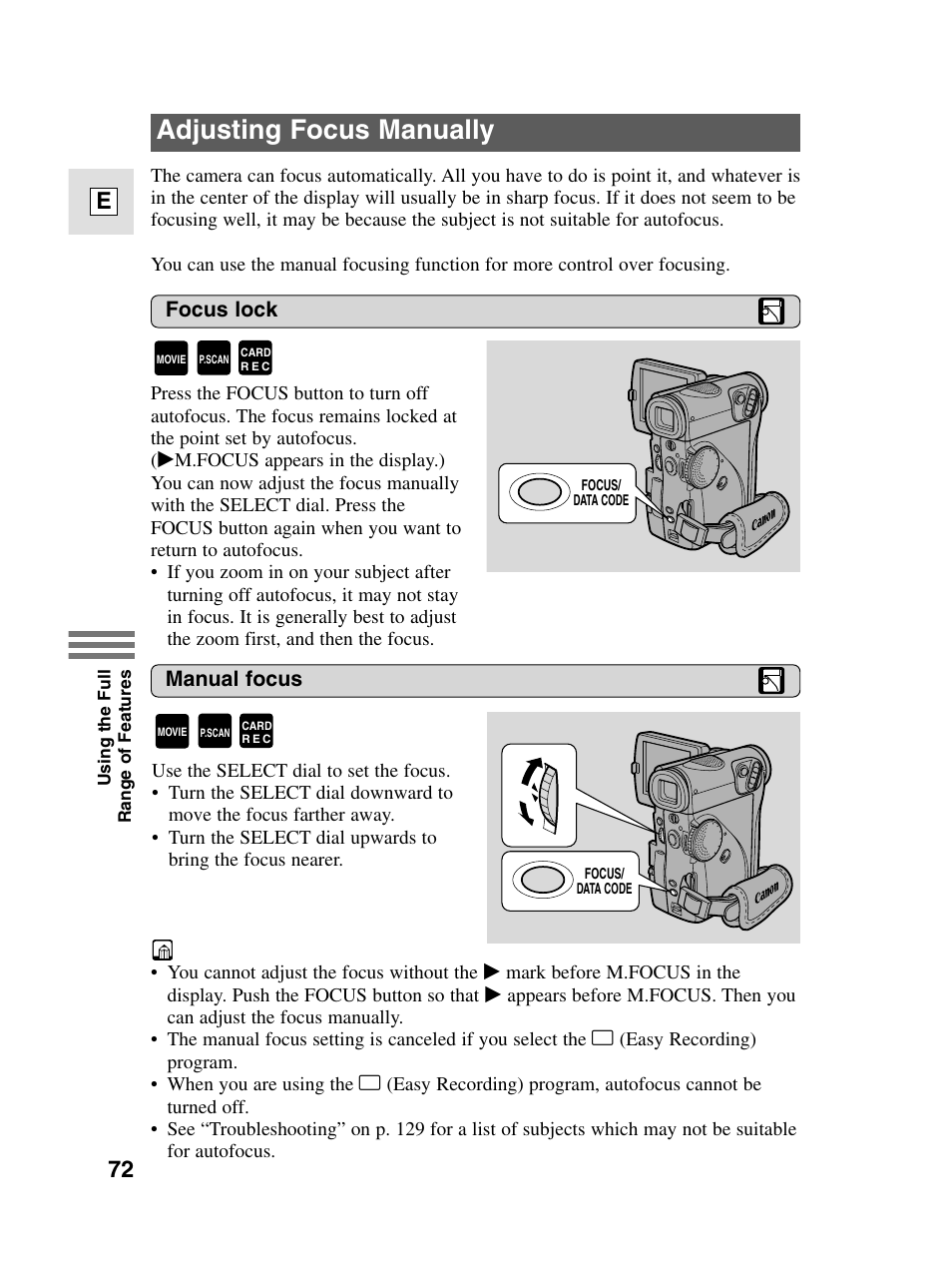 Adjusting focus manually, 72 e | Canon elura20 User Manual | Page 72 / 152