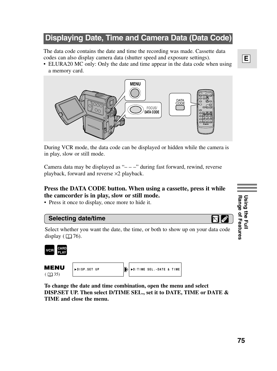 Displaying date, time and camera data (data code), 75 e, Selecting date/time | Canon elura20 User Manual | Page 75 / 152