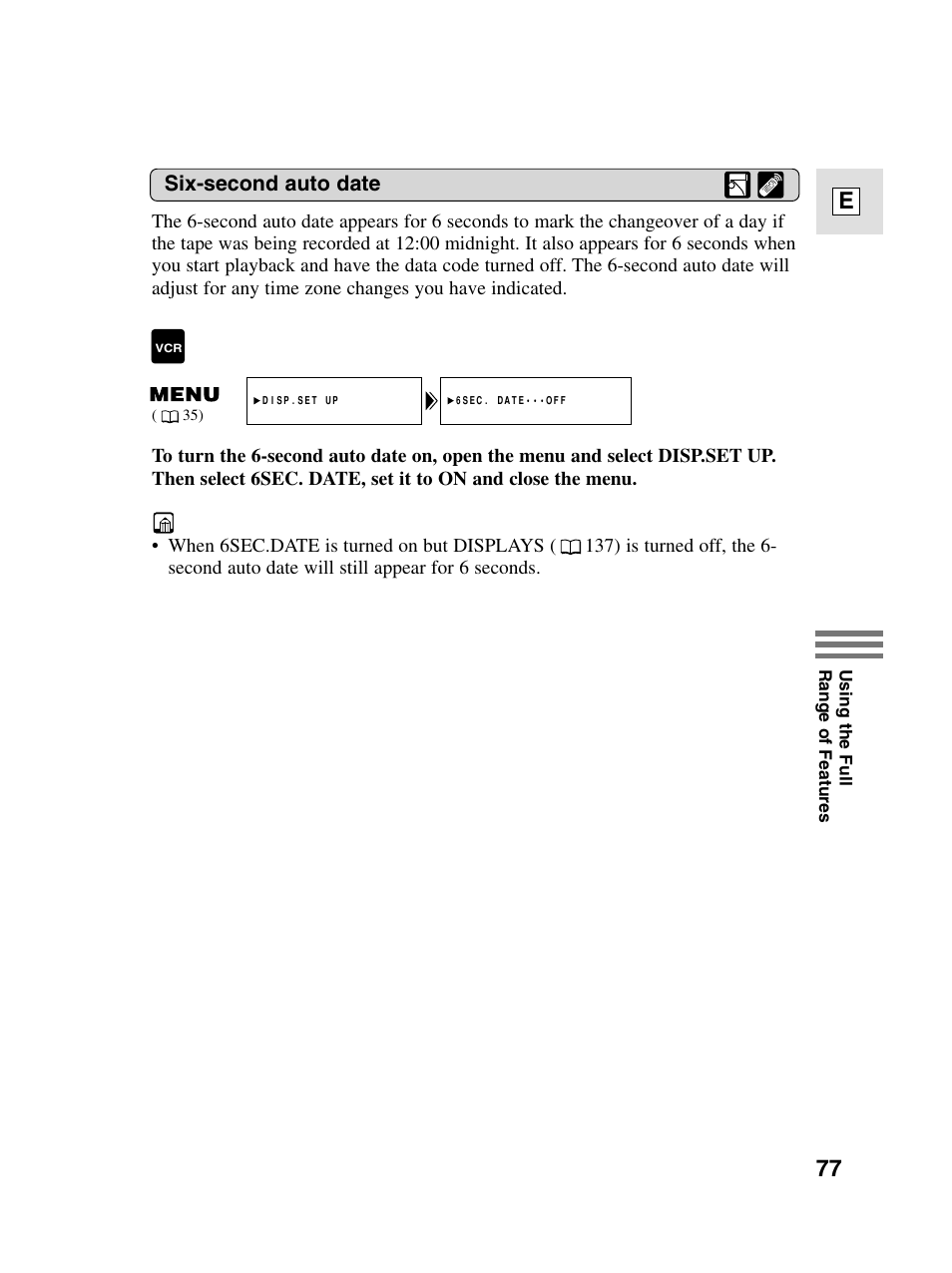 77 e, Six-second auto date | Canon elura20 User Manual | Page 77 / 152