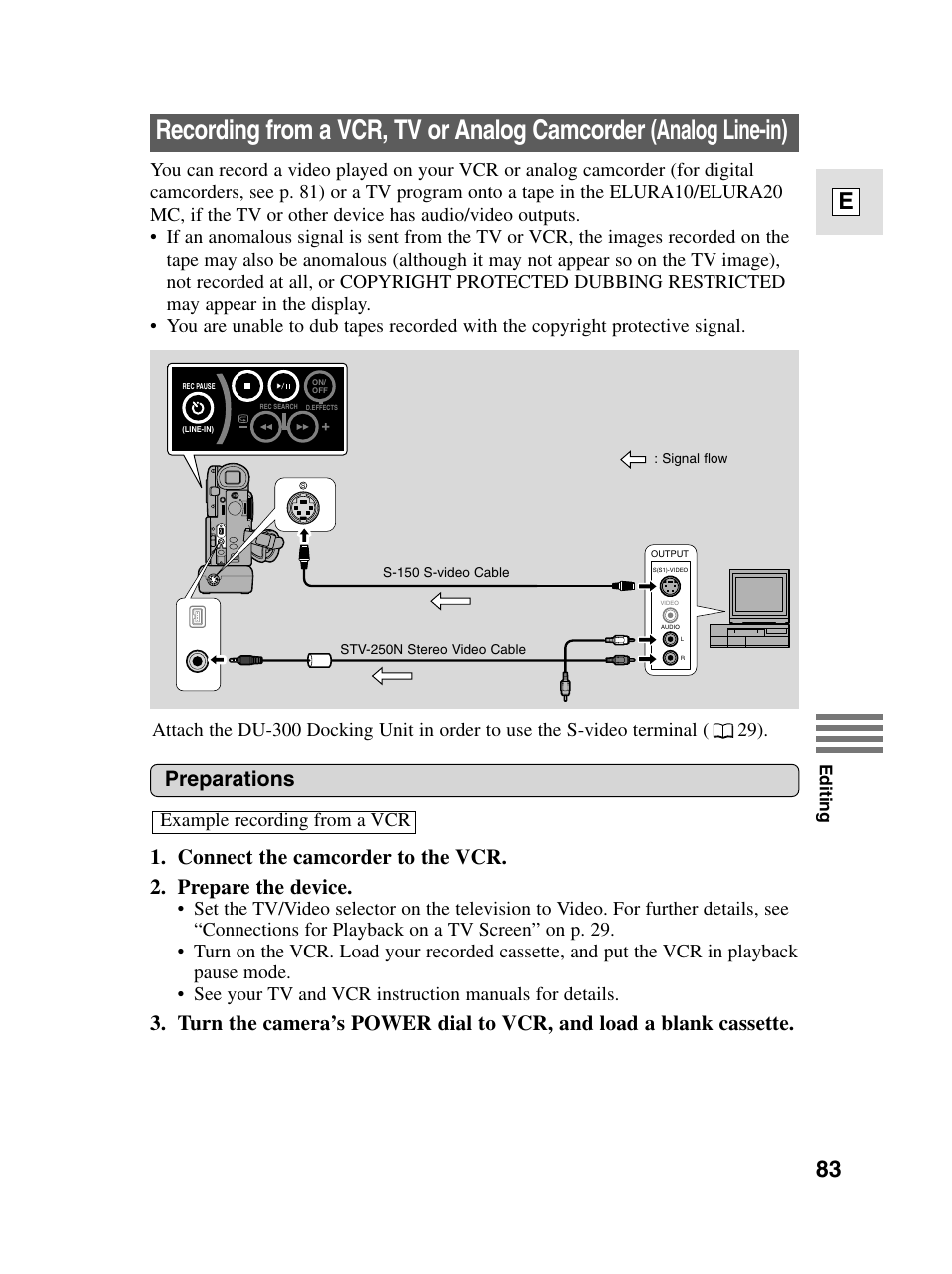 83 e, Preparations, Example recording from a vcr | Canon elura20 User Manual | Page 83 / 152