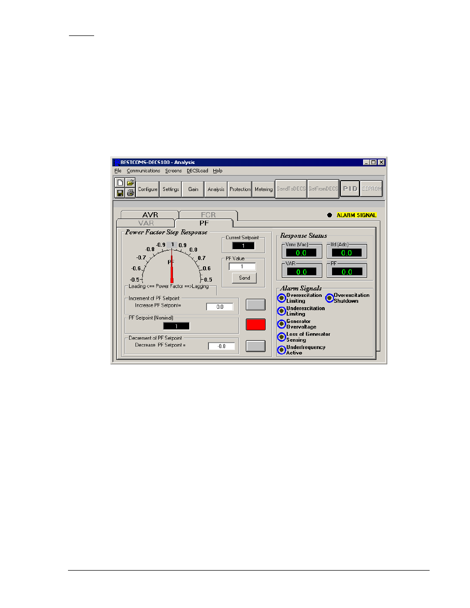 Pf tab -11, Figure 5-12. analysis screen, pf tab -11 | Basler Electric DECS-100 User Manual | Page 63 / 86