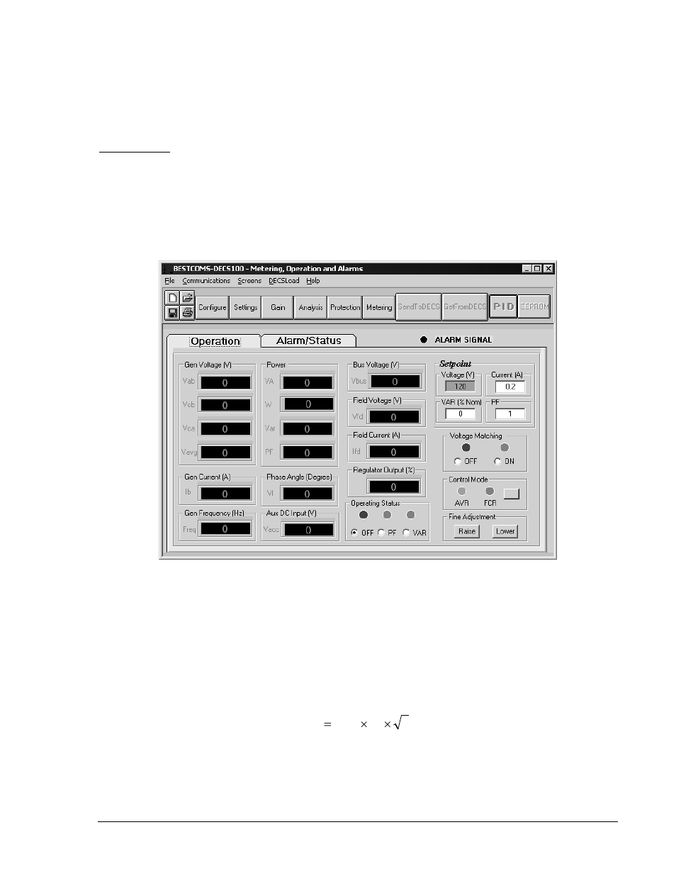Metering, operation and alarms, Metering, operation and alarms -15, Operation tab -15 | Iv va | Basler Electric DECS-100 User Manual | Page 67 / 86