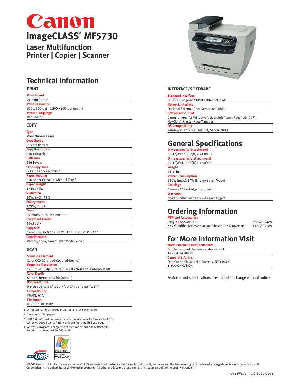 Imageclass, Mf5730, Technical information | General specifications, Ordering information, For more information visit, Laser multifunction printer | copier | scanner | Canon ImageCLASS MF5730 User Manual | Page 2 / 2