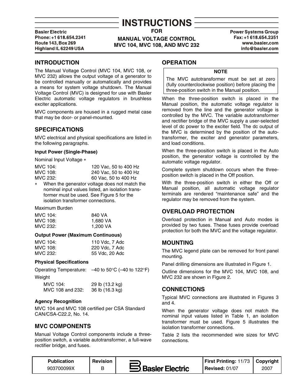 Basler Electric MVC104 User Manual | 4 pages