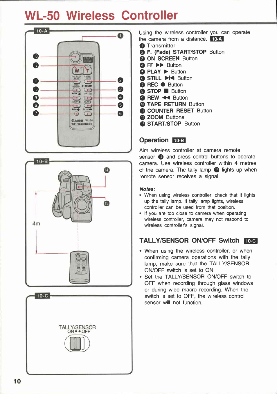Wl-50 wireless controller, Operation bin, Tally/sensor on/off switch [ob | Canon E 600 User Manual | Page 10 / 96