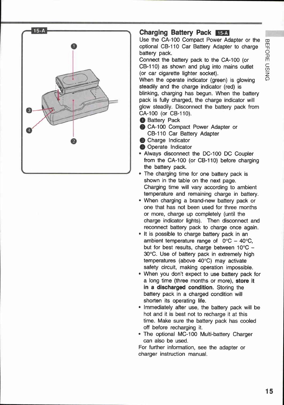 Charging battery pack | Canon E 600 User Manual | Page 15 / 96