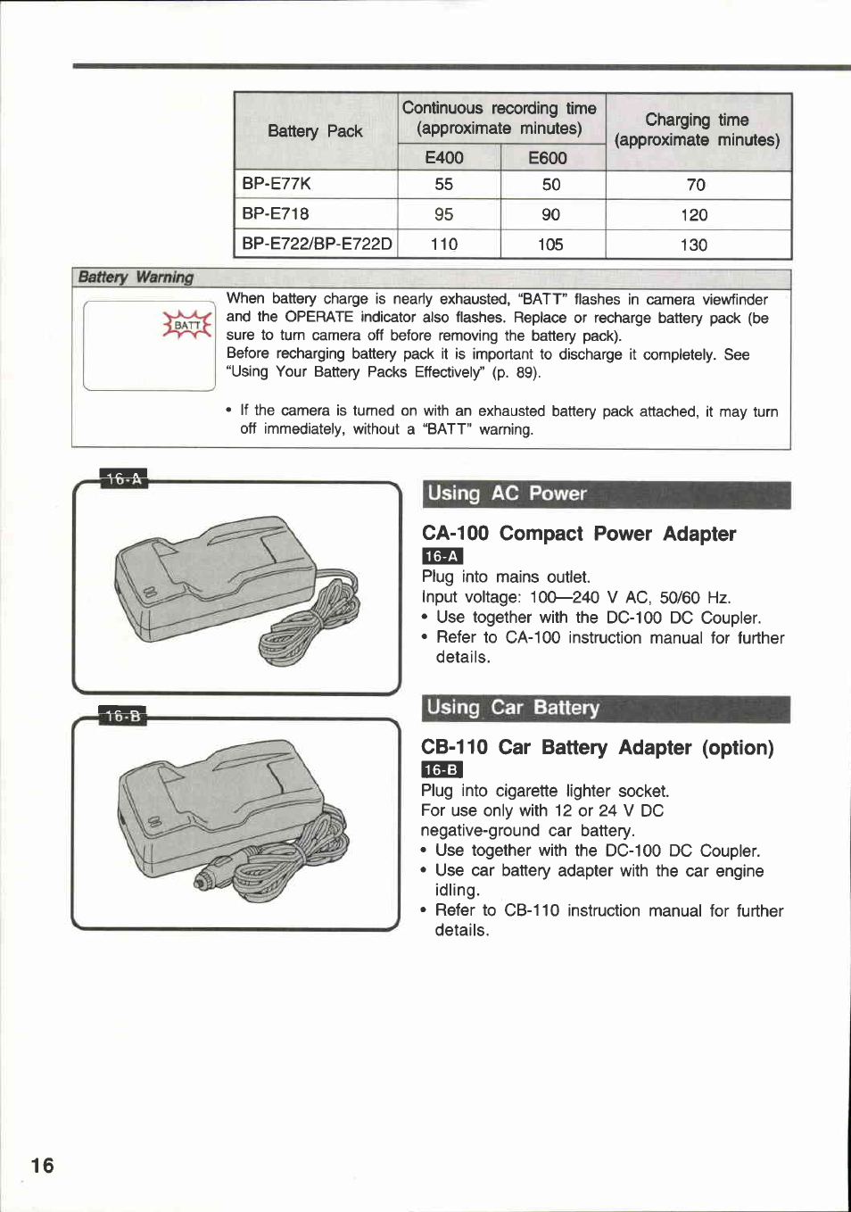 Using ac power, Ca-100 compact power adapter, Using car battery | Cb-110 car battery adapter (option), Using ac power using car battery | Canon E 600 User Manual | Page 16 / 96