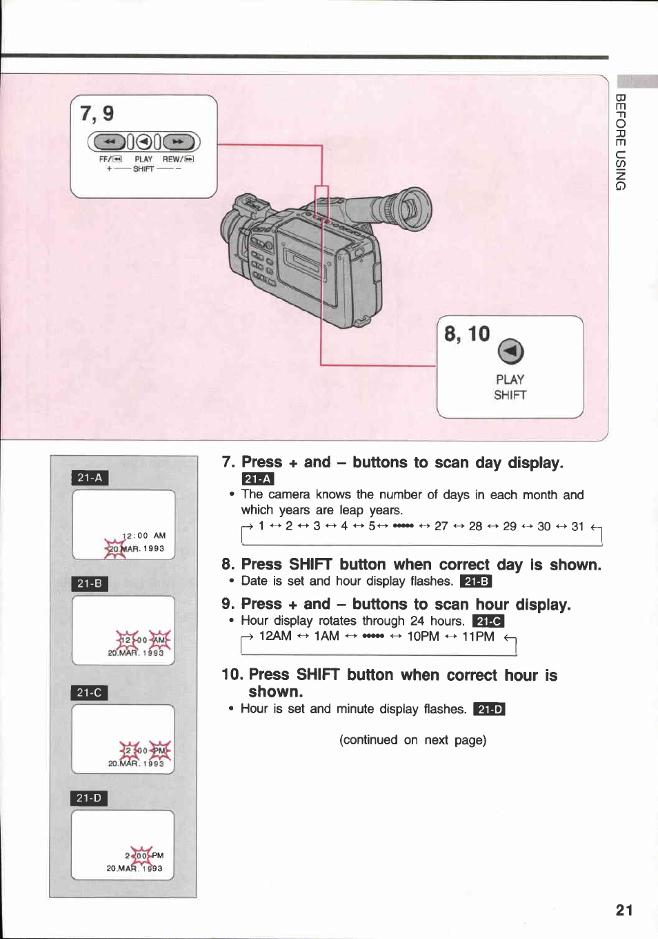 Press + and - buttons to scan day display, Press shift button when correct day is shown, Press + and - buttons to scan hour display | Press shift button when correct hour is shown, Ccs)q0oce3) | Canon E 600 User Manual | Page 21 / 96