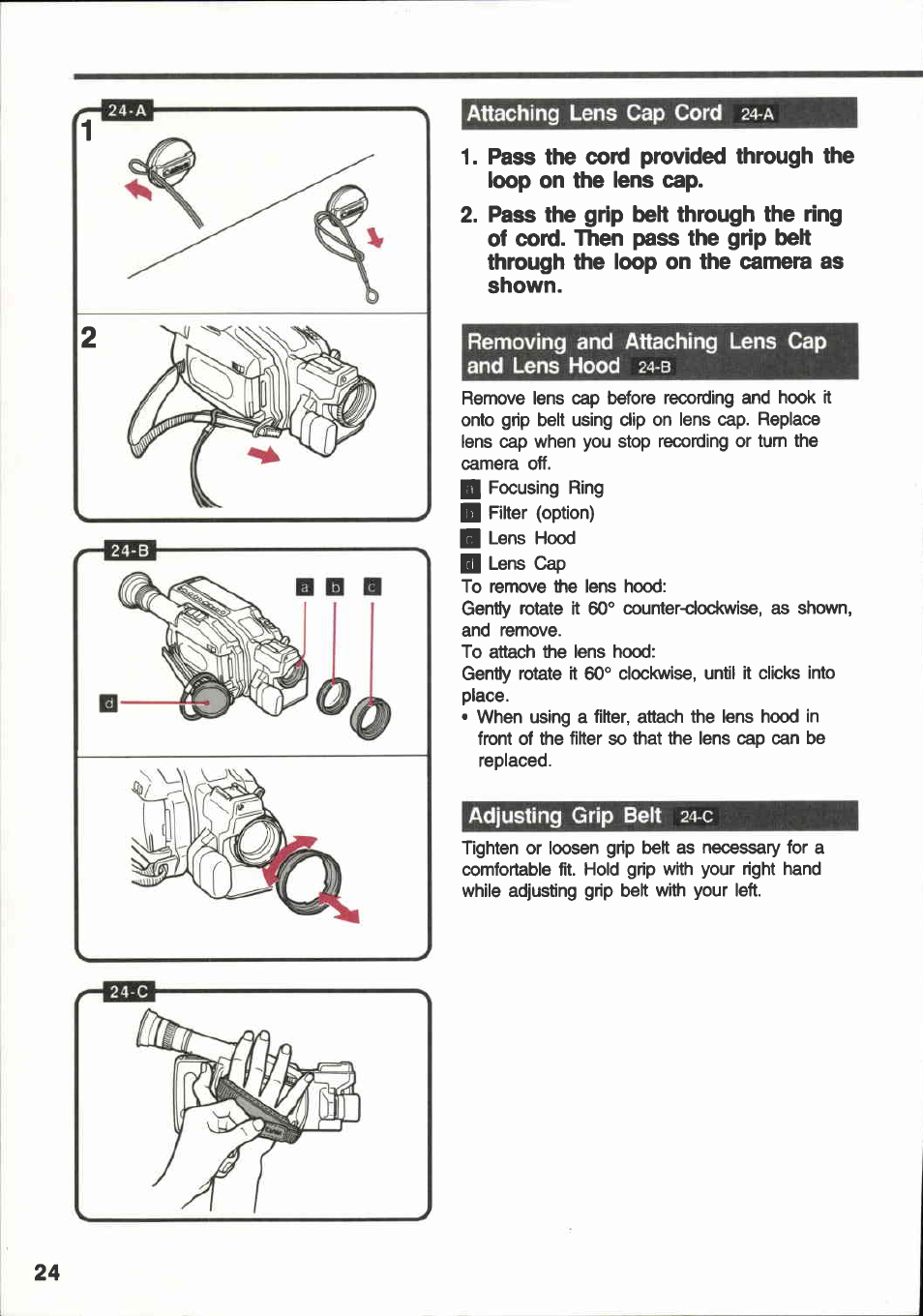 Attaching lens cap cord 24-a, Removing and attaching lens cap and lens hood 24-b, Adjusting grip belt 24-c | Attaching lens cap cord, Removing and attaching lens cap and lens hood, Adjusting grip belt | Canon E 600 User Manual | Page 24 / 96