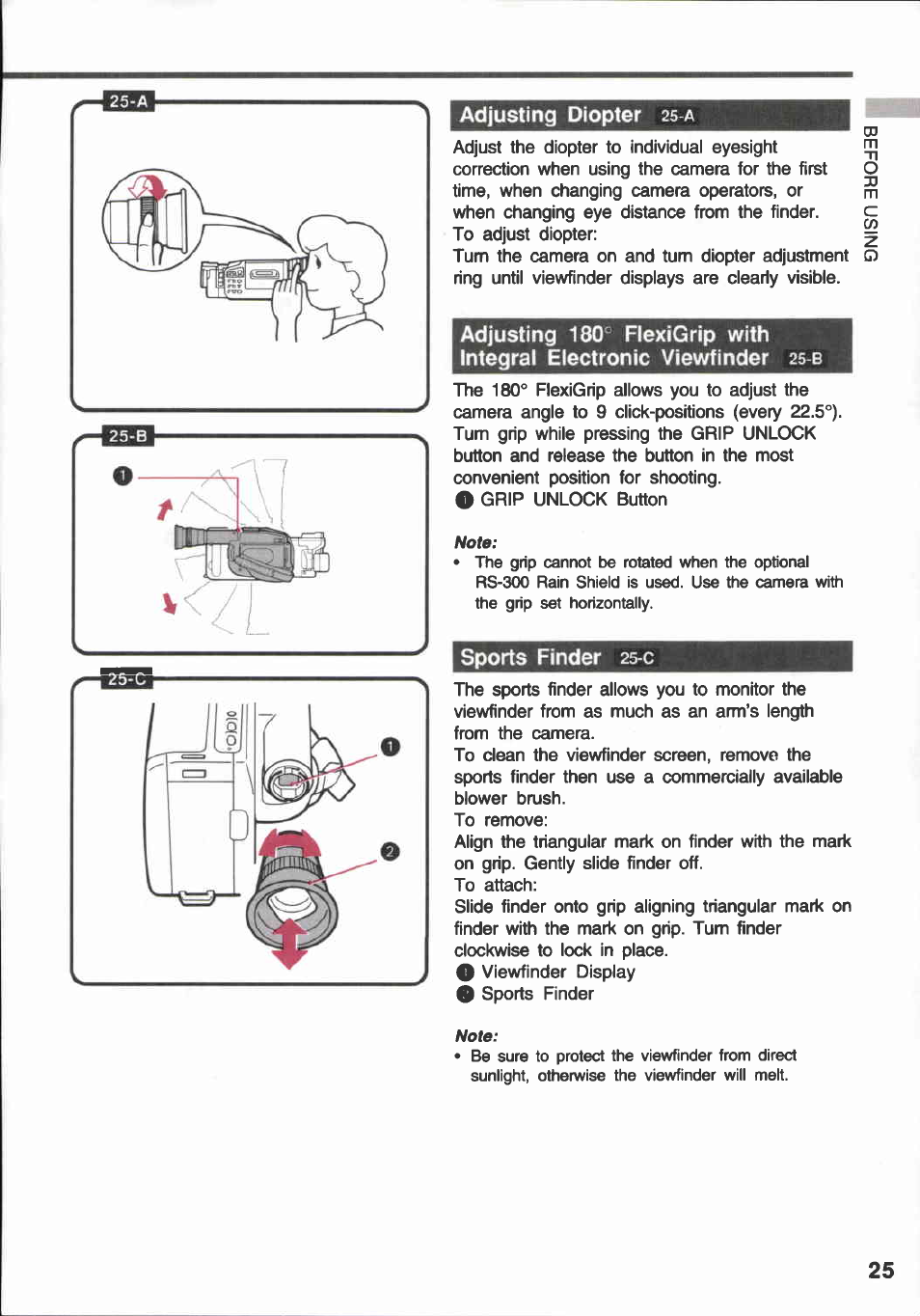 Adjusting diopter 25-a, Sports finder 25-c, Sports finder | Canon E 600 User Manual | Page 25 / 96