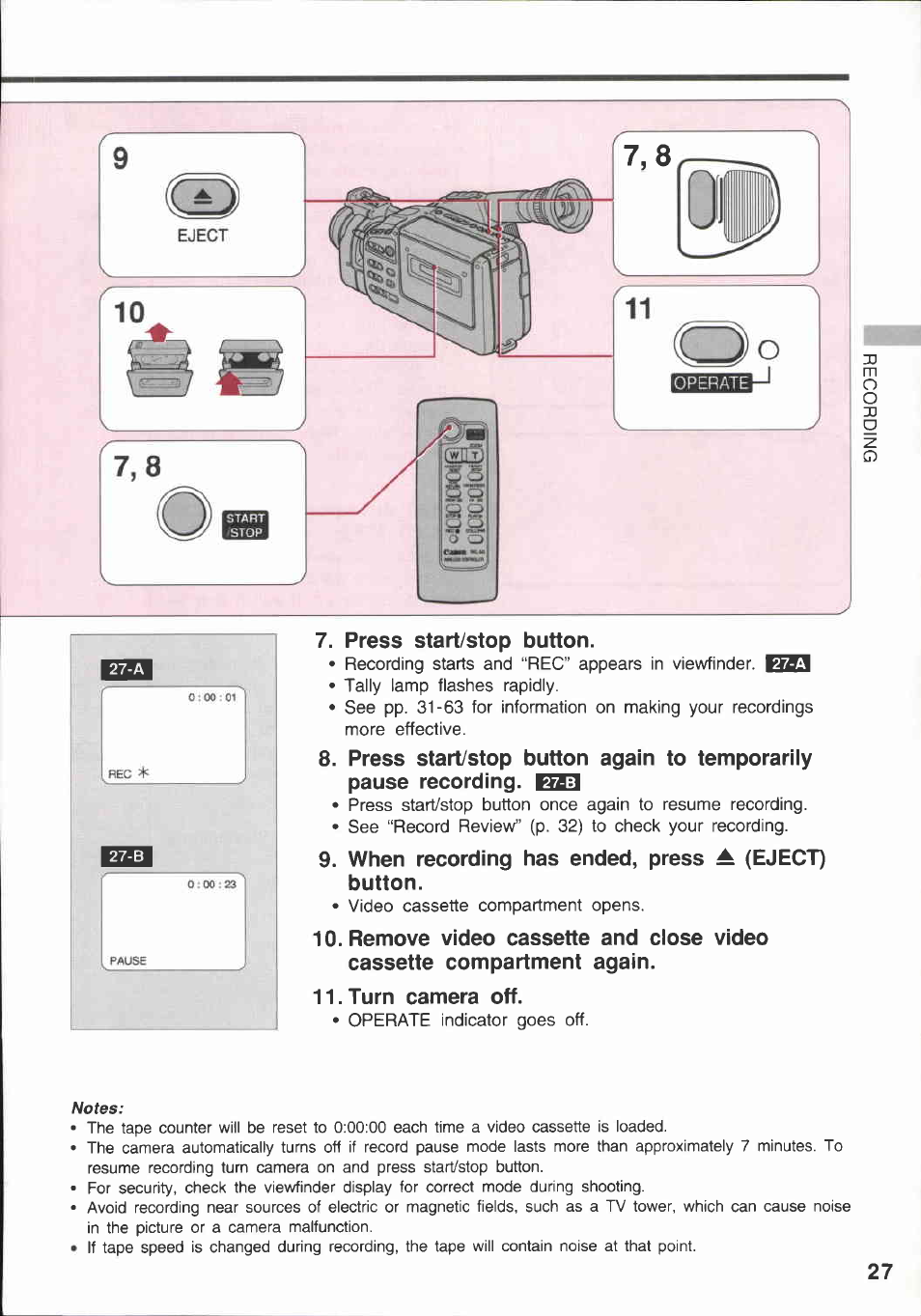 Press start/stop button, When recording has ended, press a (eject) button, Turn camera off | Canon E 600 User Manual | Page 27 / 96