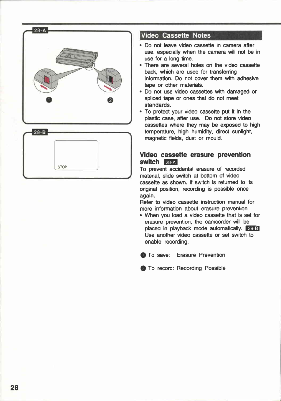 Video cassette erasure prevention switch | Canon E 600 User Manual | Page 28 / 96