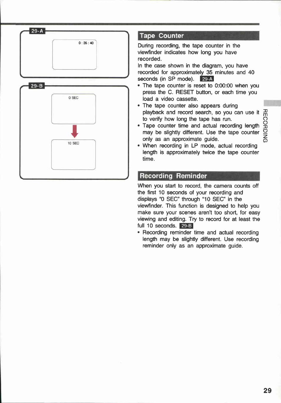 Tape counter, Recording reminder | Canon E 600 User Manual | Page 29 / 96