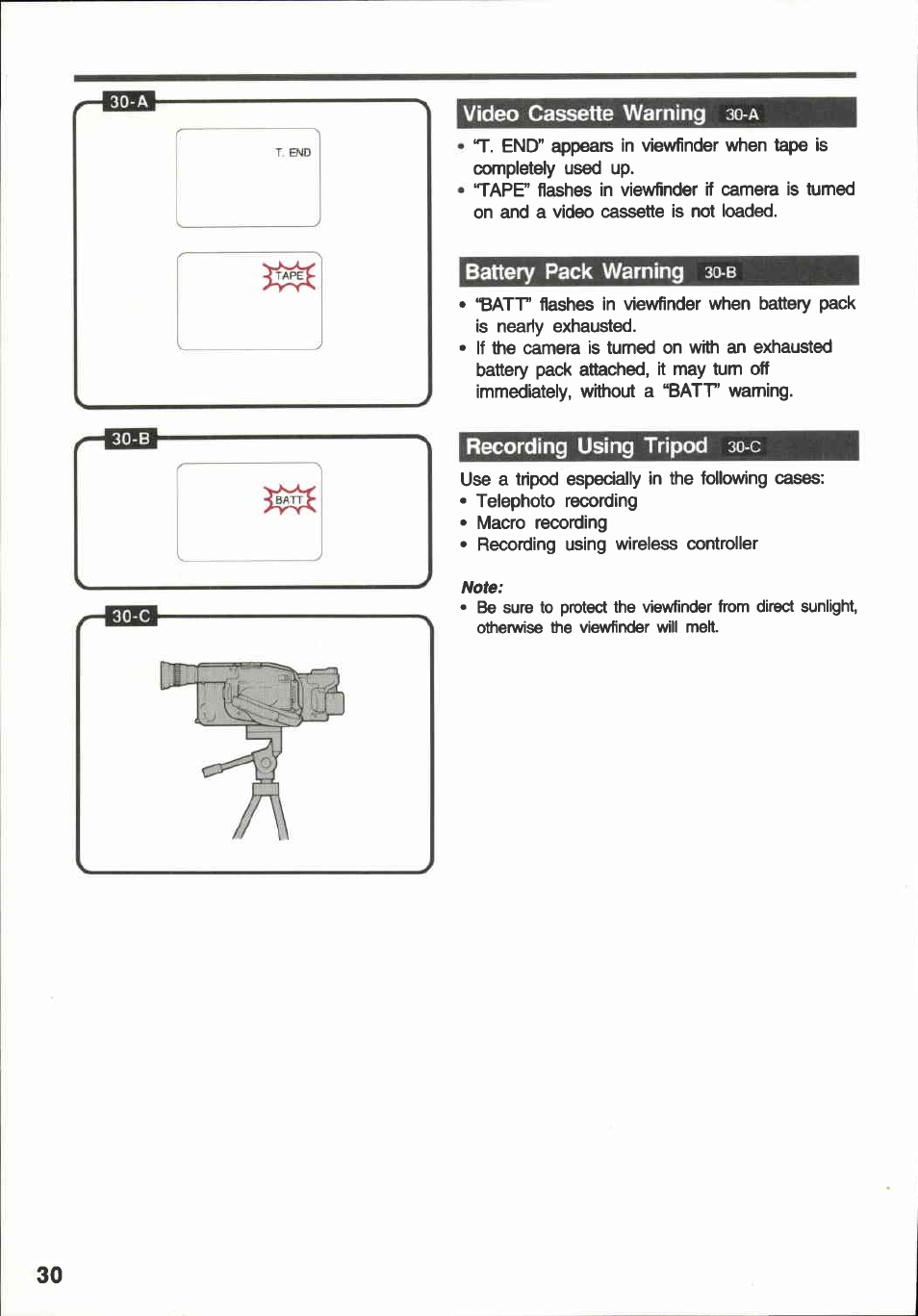 Battery pack warning зо-в, Recording using tripod зо-с, Battery pack warning recording using tripod | Canon E 600 User Manual | Page 30 / 96