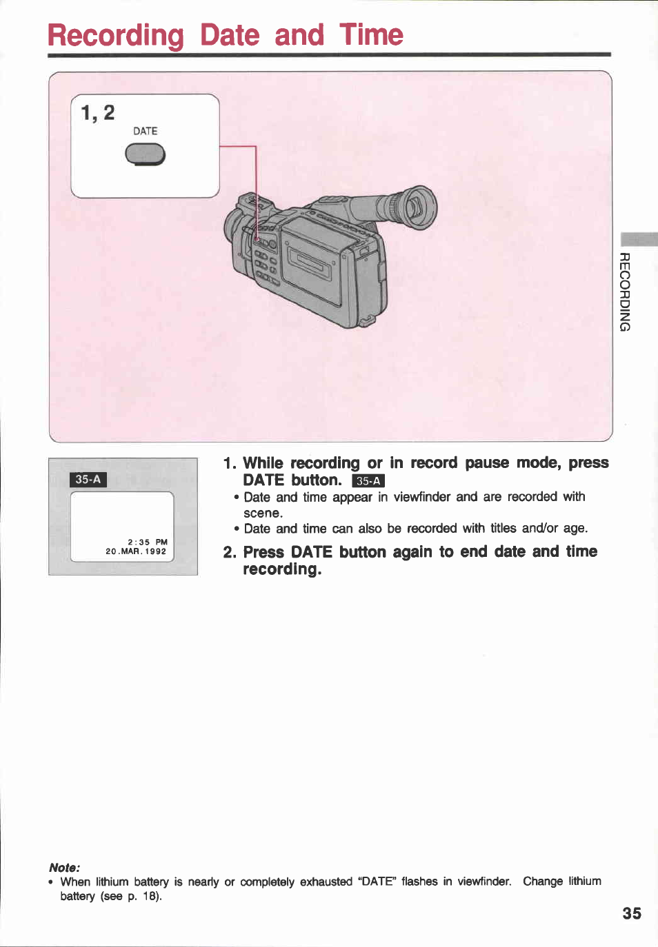 Recording date and time | Canon E 600 User Manual | Page 35 / 96