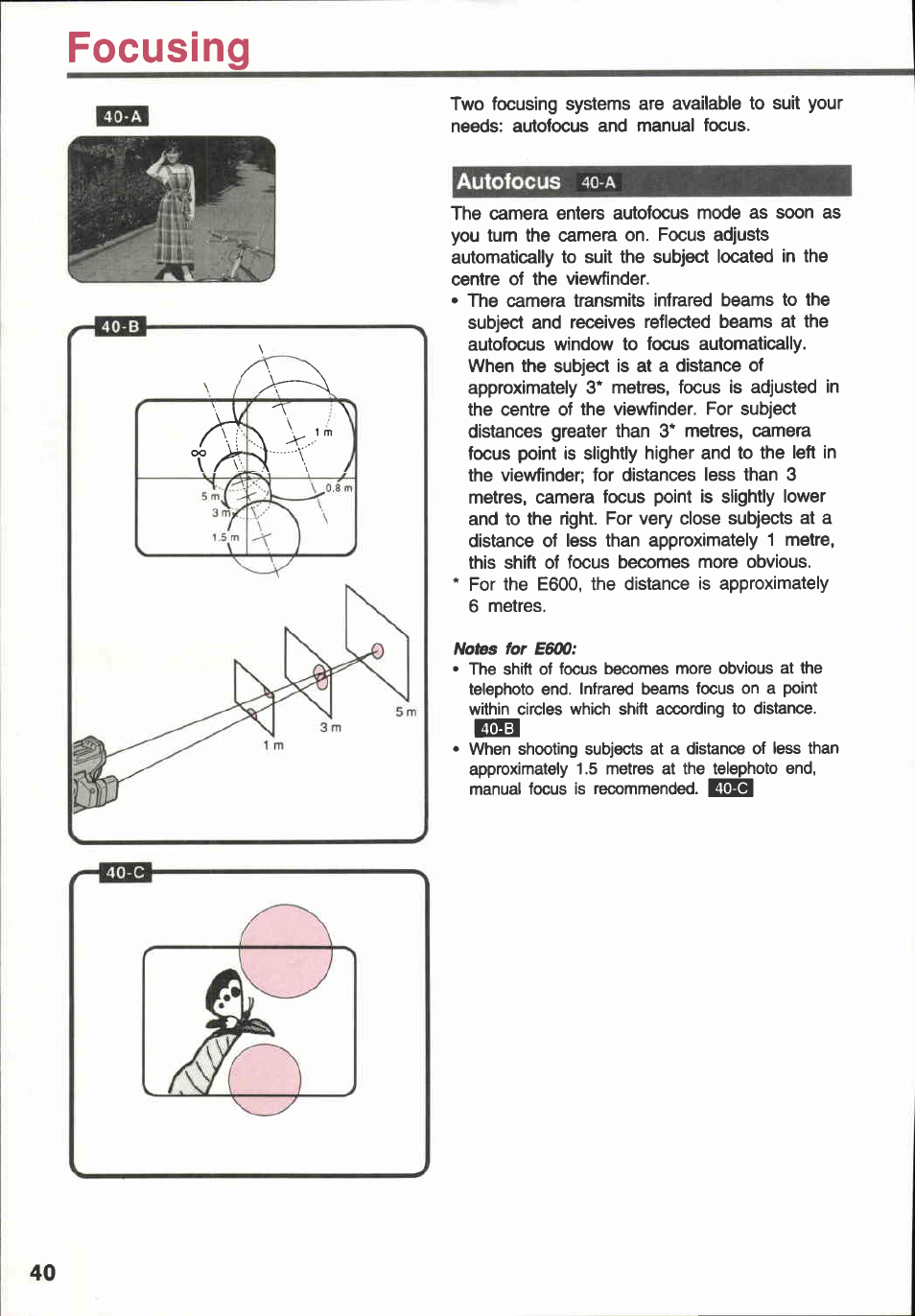 Autofocus 40-a, Focusing | Canon E 600 User Manual | Page 40 / 96