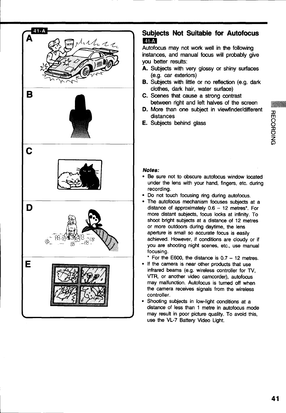 N subjects not suitable for autofocus | Canon E 600 User Manual | Page 41 / 96