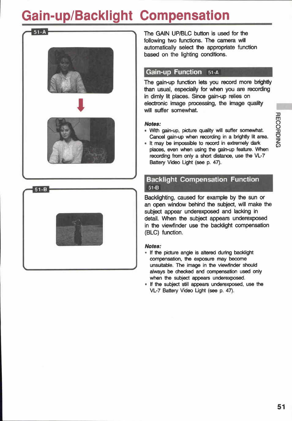 Gain-up/backlight compensation, Gain-up function 5i-a, Backlight compensation function | Gain-up/backiight compensation, Gain-up function backlight compensation function | Canon E 600 User Manual | Page 51 / 96