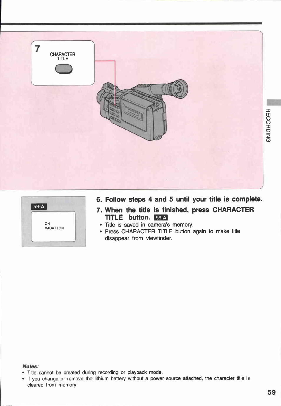 Follow steps 4 and 5 until your title is complete | Canon E 600 User Manual | Page 59 / 96