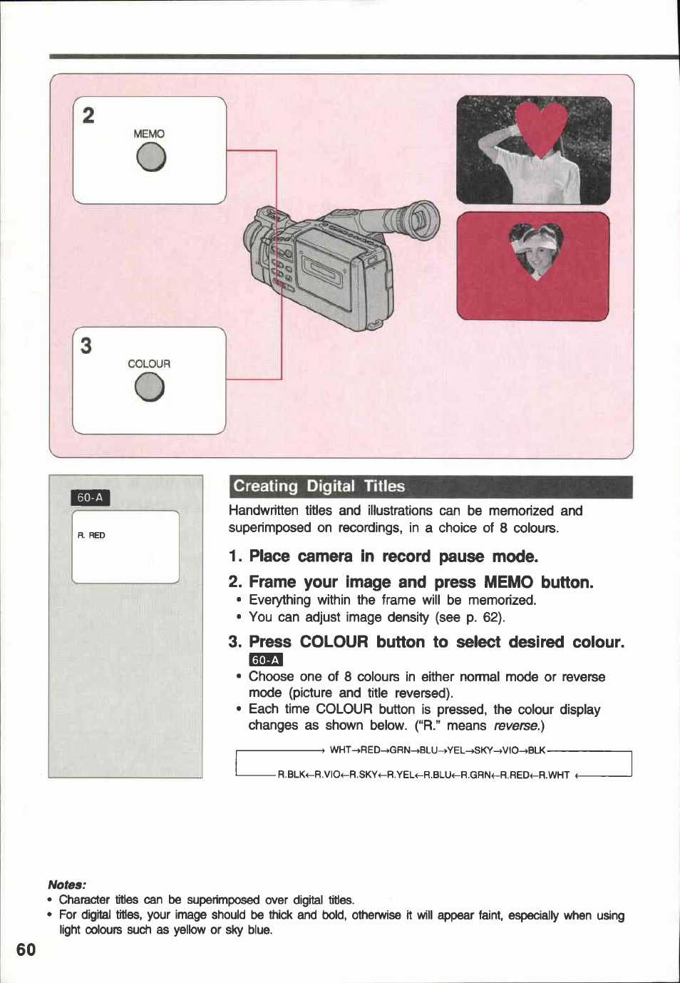 Creating digital titles, Place camera in record pause mode, Frame your image and press memo button | Press colour button to select desired colour | Canon E 600 User Manual | Page 60 / 96