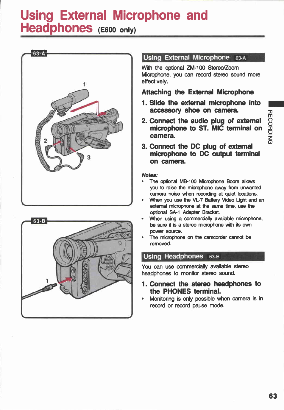 Using external microphone and, Using external microphone 63-a, Using headphones 63^b | Using external microphone using headphones oo, Using external microphone and headphones | Canon E 600 User Manual | Page 63 / 96