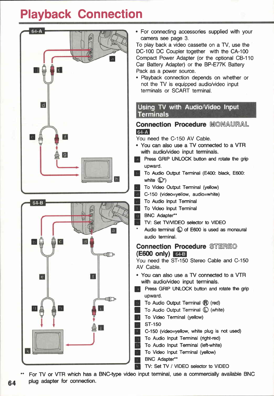 Playback connection, Using tv with audioa/ideo input terminals, Connection procedure | Connection procedure stil^i© (e600 only), Piayback connection, Using tv with audio / video input terminals | Canon E 600 User Manual | Page 64 / 96