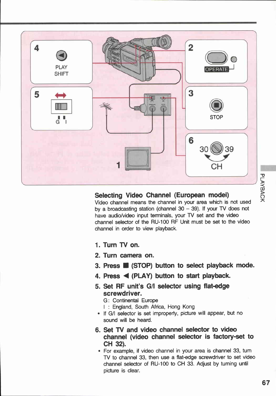 Selecting video channel (european model), Turn tv on, Turn camera on | Press ■ (stop) button to select playback mode, Press < (play) button to start playback | Canon E 600 User Manual | Page 67 / 96