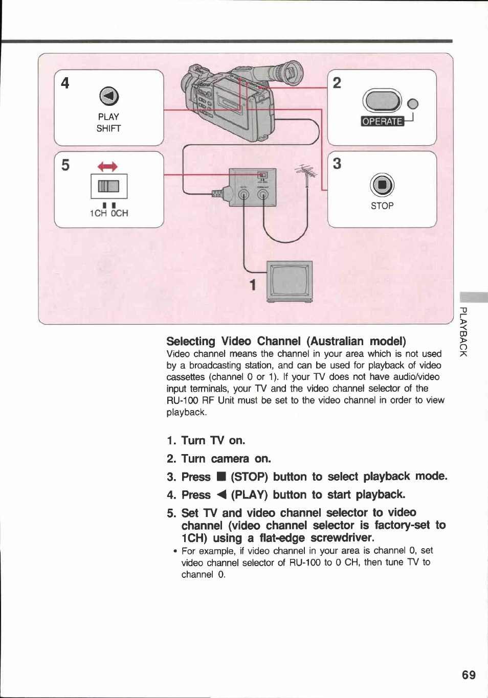 Selecting video channel (australian model), Turn tv on, Turn camera on | Press ■ (stop) button to select playback mode, Press < (play) button to start playback | Canon E 600 User Manual | Page 69 / 96