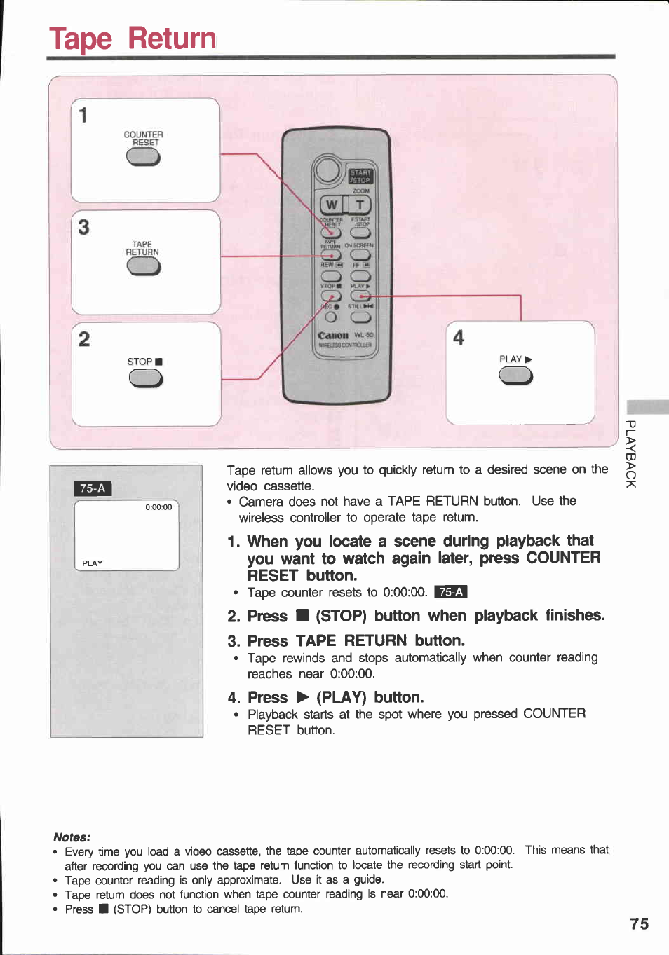 Tape return, Press ■ (stop) button when playback finishes, Press tape return button | Press ► (play) button | Canon E 600 User Manual | Page 75 / 96