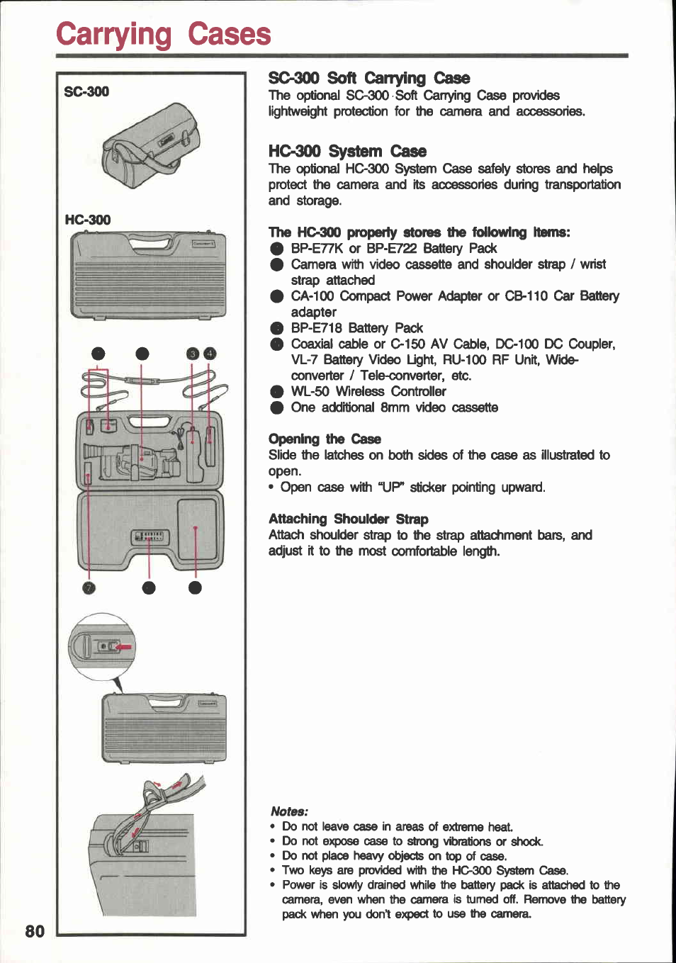 Carrying cases, Sc-300 soft carrying case, Hc-300 system case | Canon E 600 User Manual | Page 80 / 96