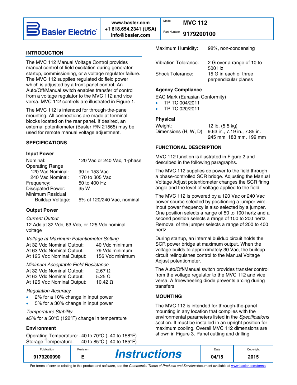 Basler Electric MVC112 User Manual | 8 pages