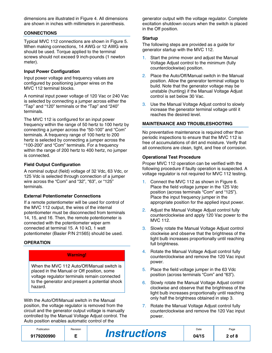 Connections, Operation, Maintenance and troubleshooting | Instructions | Basler Electric MVC112 User Manual | Page 2 / 8