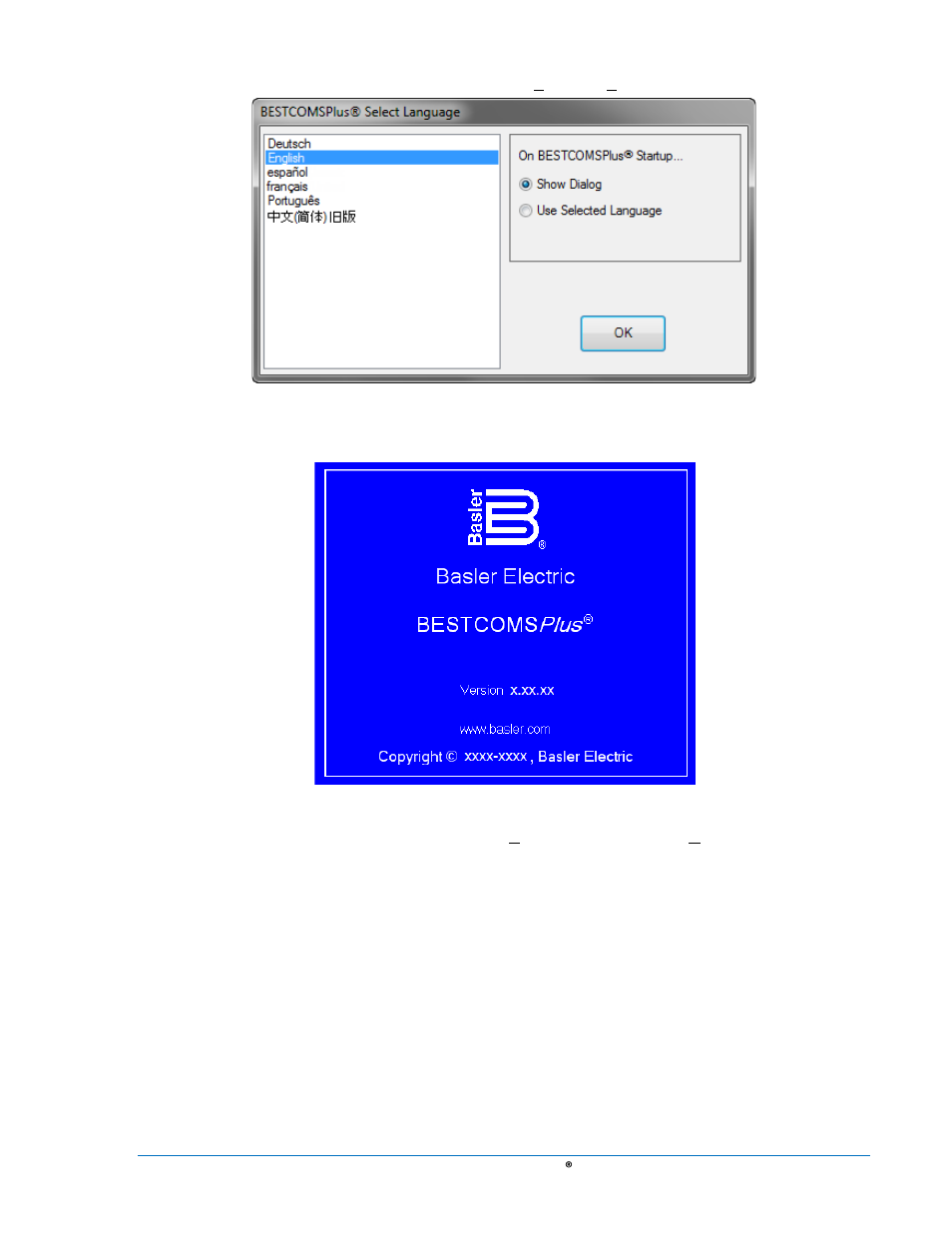 Figure 4-2. bestcomsplus select language -3, Figure 4-3. splash screen -3 | Basler Electric DGC-2020 User Manual | Page 113 / 620