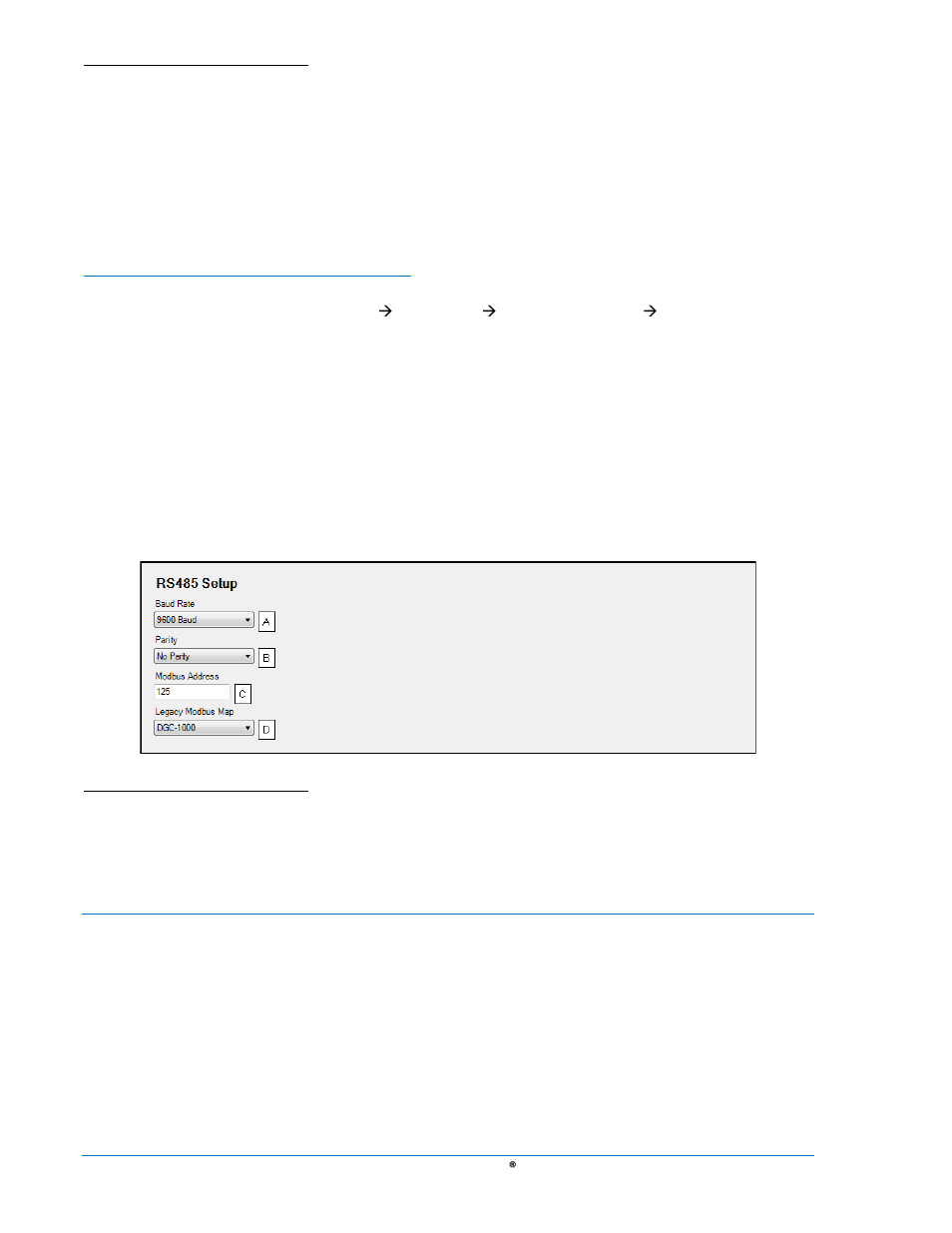 Rs485 setup (optional), System parameters, System settings and rated data | Rs485 setup (optional) -30, System parameters -30, System settings and rated data -30, Figure 4-24. rs485 setup -30, Modem setup through the front panel hmi | Basler Electric DGC-2020 User Manual | Page 140 / 620