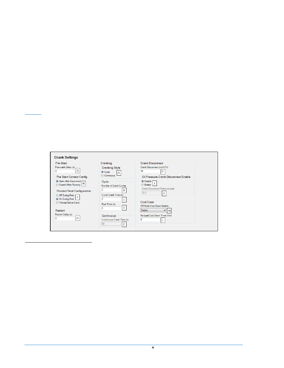Figure 4-28. crank settings -36, Restart | Basler Electric DGC-2020 User Manual | Page 146 / 620