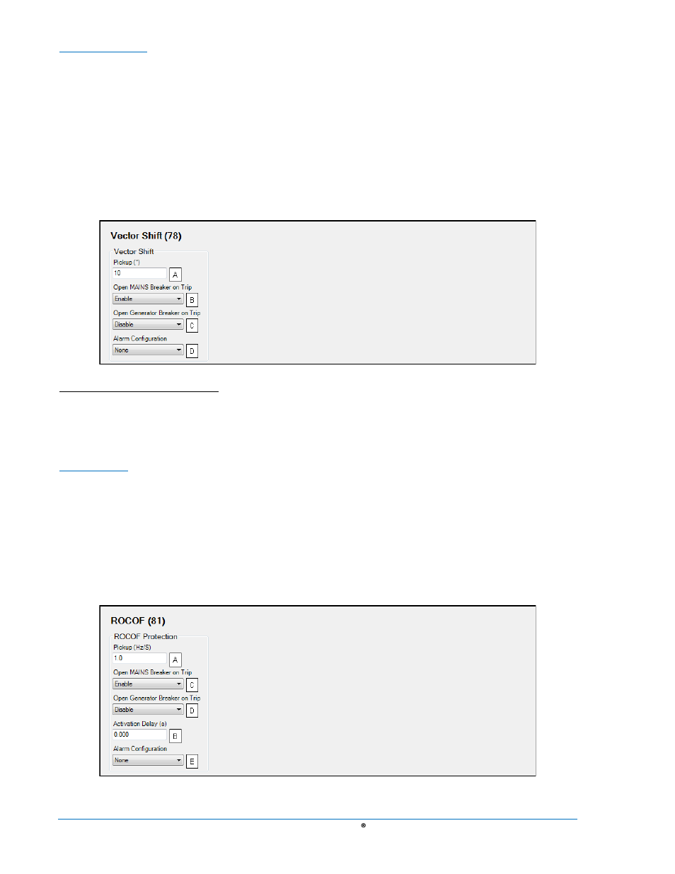 Figure 4-59. vector shift (78) -70, Figure 4-60. rocof (81) -70, Vector shift (78) | Rocof (81) | Basler Electric DGC-2020 User Manual | Page 180 / 620