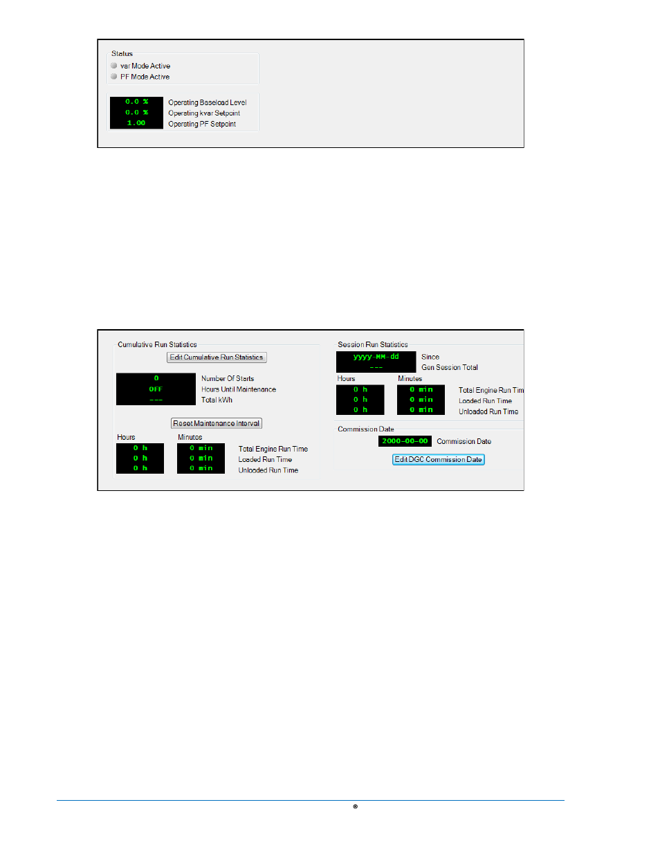 Run statistics, Status, Run statistics -100 | Status -100, Figure 4-85. metering, bias control -100, Figure 4-86. metering, run statistics -100 | Basler Electric DGC-2020 User Manual | Page 210 / 620